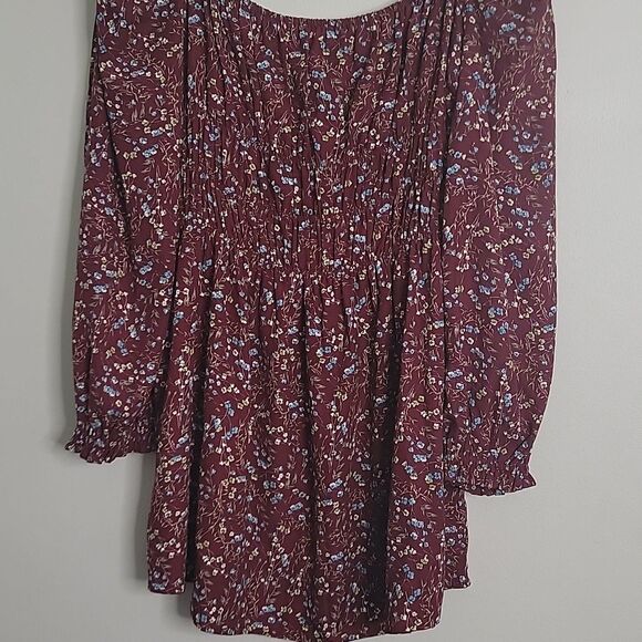 Reset By Jane Square Neckline Floral Burgundy Mini Long sleeve Dress La… - Picture 4 of 11